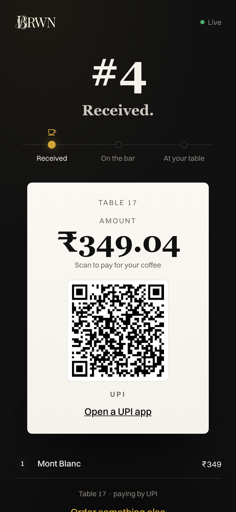 The live order screen with a UPI QR and the exact amount